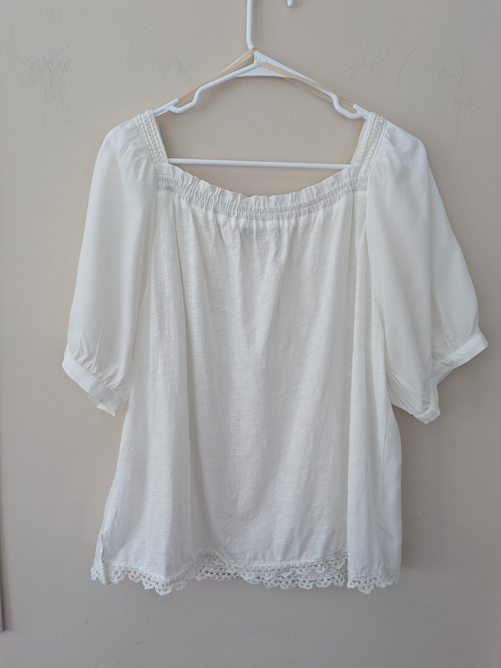 Democracy White Boho Embroidered Eyelet Peasant Blouse Puff Sleeve Size L - Picture 6 of 8